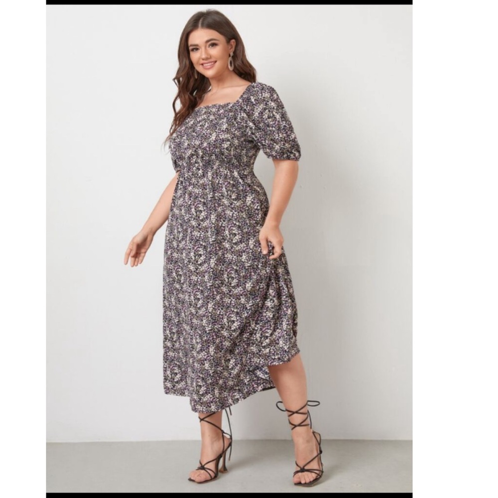 Plus Ditsy Floral Square Neck Puff Sleeve A-line Dress
